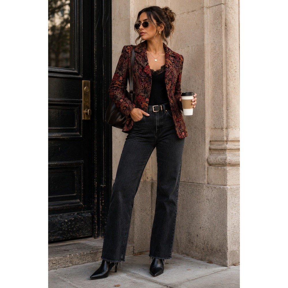 Katherine New York Womens Multicolor Paisley Floral Tapestry Blazer Jacket Small